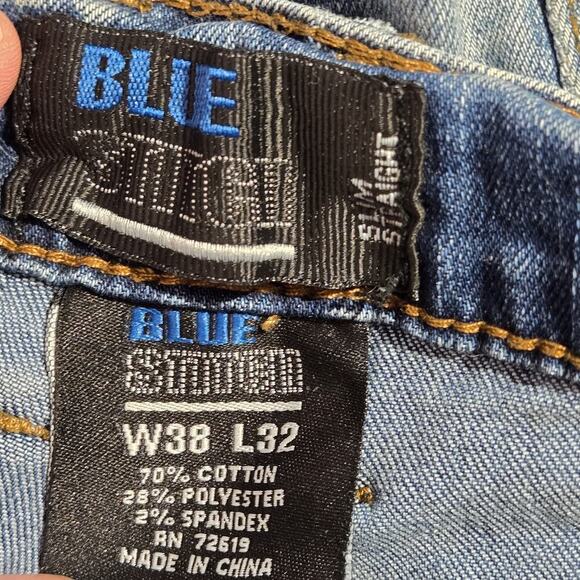 Blue Stitch Slim Straight Men's Blue Jeans Distressed 38W 32L Punk Grunge Skater - Picture 8 of 9